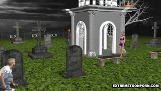 3D Babe Gets Double Penetration in a Graveyard