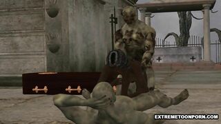 3D Ebony Babe Double Teamed by Zombies