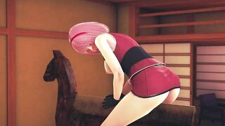 Sakura rubs her pussy on a wooden horse for bdsm