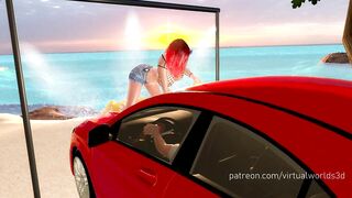 Woman in red shirt carwash breast expansion