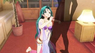 3D HENTAI Girl with blue hair touches her pussy and jerks off a big cock