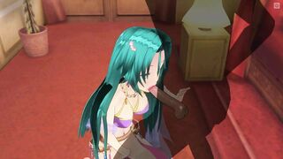 3D HENTAI Girl with blue hair touches her pussy and gives blowjob
