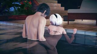 2B gets fucked doggystyle in the pool