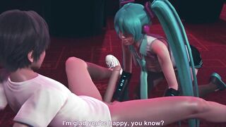 Miku gives a blowjob to a guest in public