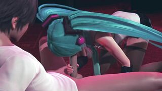Miku gives a blowjob to a guest in public