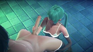 Miku jerking off big cock, cum in the pool and on the face