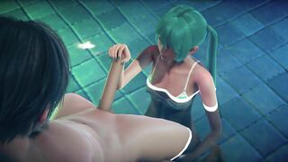 Miku jerking off big cock, cum in the pool and on the face