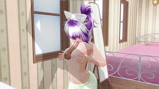 3D HENTAI Girlfriend in green pajamas rubs cock with boobs and sucks it