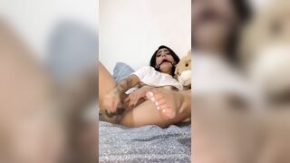 Dirty talking Latina fucks her little pussy like a whore until she cums