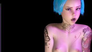 Short blue hair tattoo girl bounces tits riding your dick