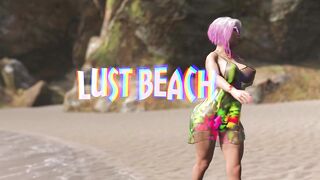 Busty babe masturbating while futa babes are fucking on the beach in a 3D Animation