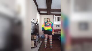Blond girl Strip Dances in knee high socks