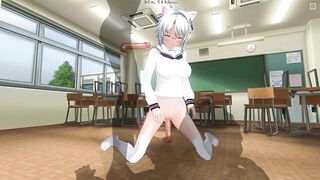 3D HENTAI Neko schoolgirl fucks with two teachers in the classroom