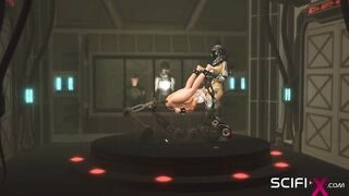 A sexy cuffed blonde gets fucked by sex cyborg dickgirl in the sci-fi lab