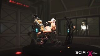 A sexy cuffed blonde gets fucked by sex cyborg dickgirl in the sci-fi lab