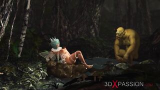 Threesome with a beautiful hot fairy and two orcs in the night forest