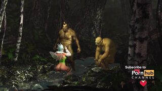 Threesome with a beautiful hot fairy and two orcs in the night forest