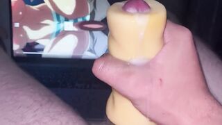 "treat me with cum" uncensored hentai and the guy jerks off on him, cumming profusely