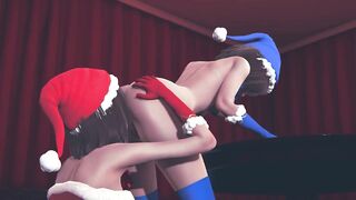 Girls in Christmas costumes lick pussy on the table and cum