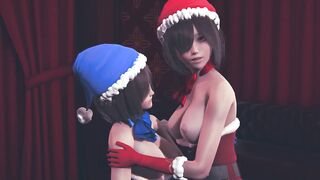Girls in Christmas costumes masturbate each other's pussies and cum
