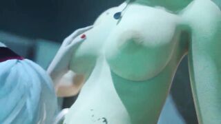 Hot futanari sex near pool - sexy girl sucks cock, and animation shemale fucks bitch and cum on her body
