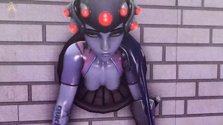 Widowmaker from Overwatch stuck in the wall hole and she be fucked from behind