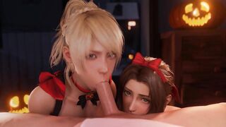 Halloween Night. Two hotties sucking cock and getting cum on their faces