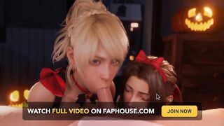 Halloween Night - Two Hotties Sucking Cock and Getting Cum on Their Faces