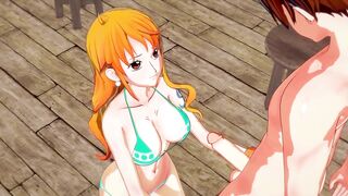 Nami Giving a Blowjob and getting Mouth Fucked before Swallowing Cum (One Piece Hentai)