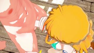 Nami Giving a Blowjob and getting Mouth Fucked before Swallowing Cum (One Piece Hentai)