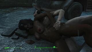 Gentle Sex of a Couple in the Pouring Rain in the Game Fallout 4 | PC Gameplay