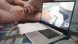 Teen Jerking off his Hot Horny Cock and Watching Anime Hentai Accidentally Cumming right on Laptop