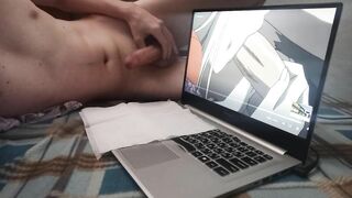 Teen Jerking off his Hot Horny Cock and Watching Anime Hentai Accidentally Cumming right on Laptop