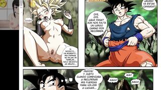 Goku fucks with the hot Caulifla and Kale masturbates watching them