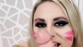 Chubby blonde in Dva bunny cosplay on her knees sucking cock