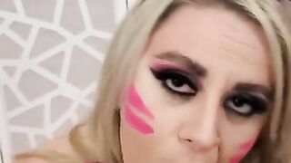 Chubby blonde in Dva bunny cosplay on her knees sucking cock