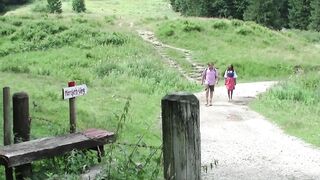 Babe gets fucked in the bushes to a massive mouth cumshot