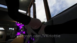 Purple Busty Cat Girl in Undies gives Foot Job POV Lap Dance on Couch under Boob