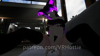 Purple Busty Cat Girl in Undies gives Foot Job POV Lap Dance on Couch under Boob