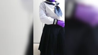 Japanese Zentai Crossdresser taking off Sailorset School Uniform
